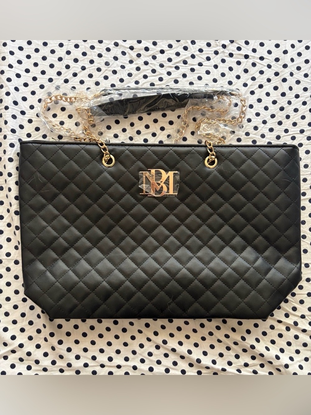 Badgley Mischka Large Black Diamond Quilted Shoulder Bag with Gold Chains